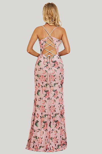 Sheath Flower Printed Blush A Line Maxi Dress with Slit